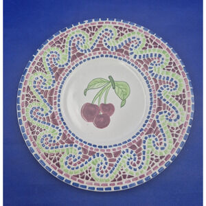 Vintage Lotus Cherries Mosaic Style Ceramic Plate Red Green White 10"